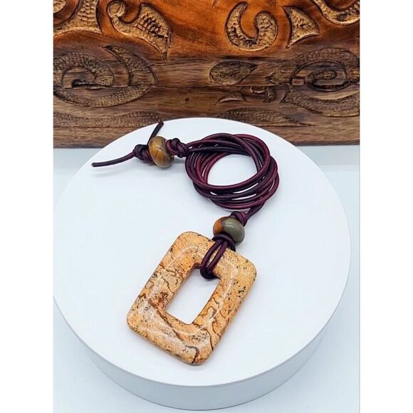 Large Picture Jasper Necklace with Leather Cord Natural Gemstone Pendant - Picture 3 of 8